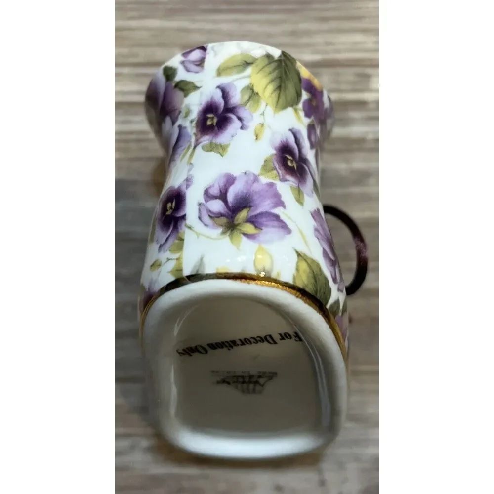 NANTUCKET HOME PORCELAIN Baby Shoe‎ with Violets, Gold Trim and Purple Lace